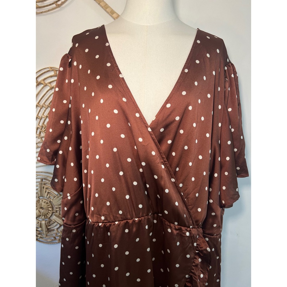 Torrid Brown Satin Polka Dot Faux Wrap Ruffle Midi Dress Plus Retro Size 6X - Picture 9 of 10